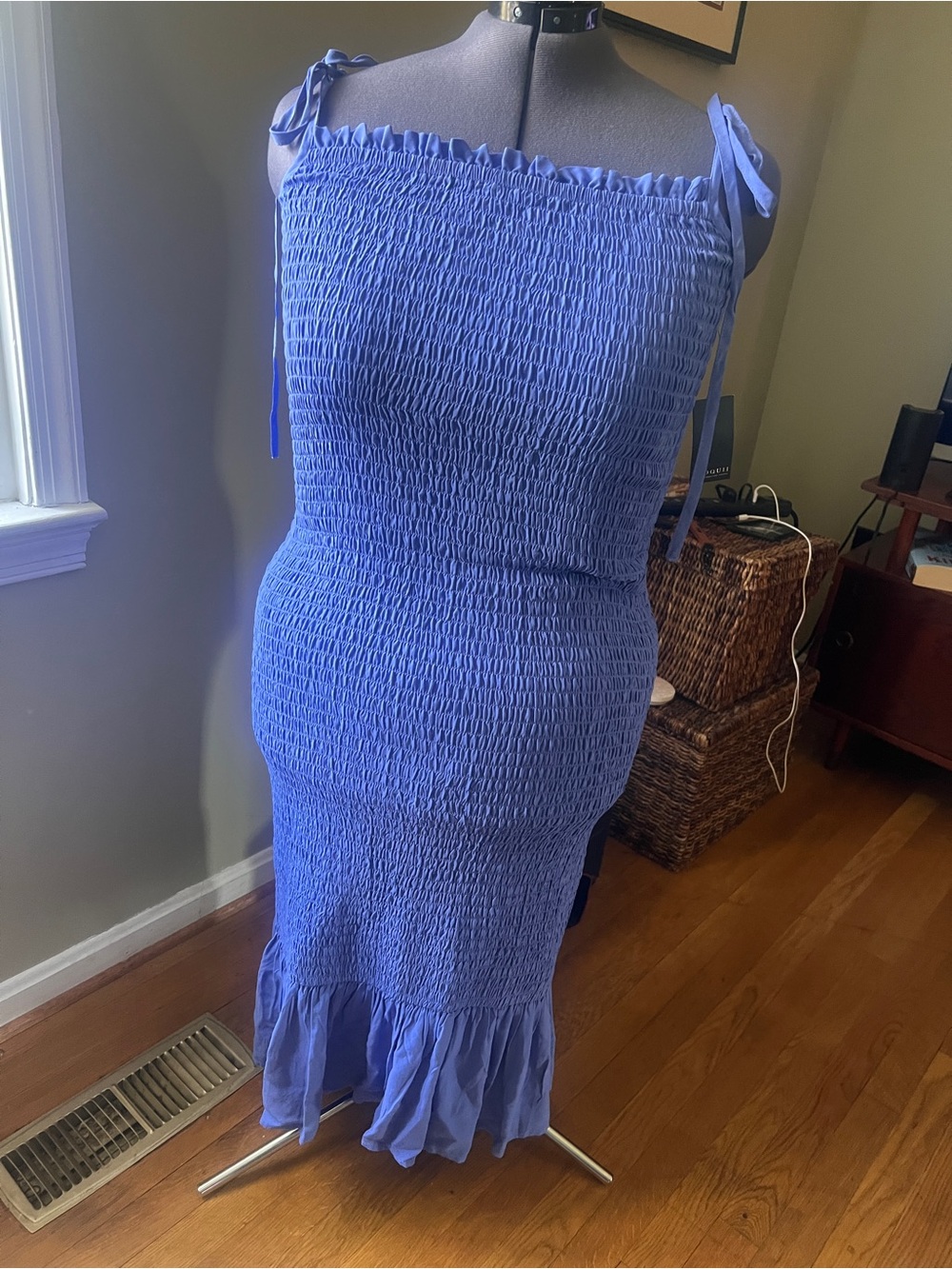 Eloquii Periwinkle Blue Smocked Tie-Shoulder Midi Dress